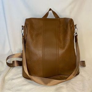 Backpack purse brown faux leather like new travel friendly anti theft